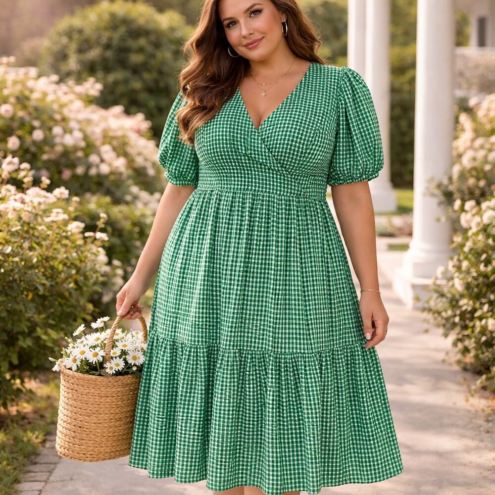 Draper James Green Gingham Midi Dress